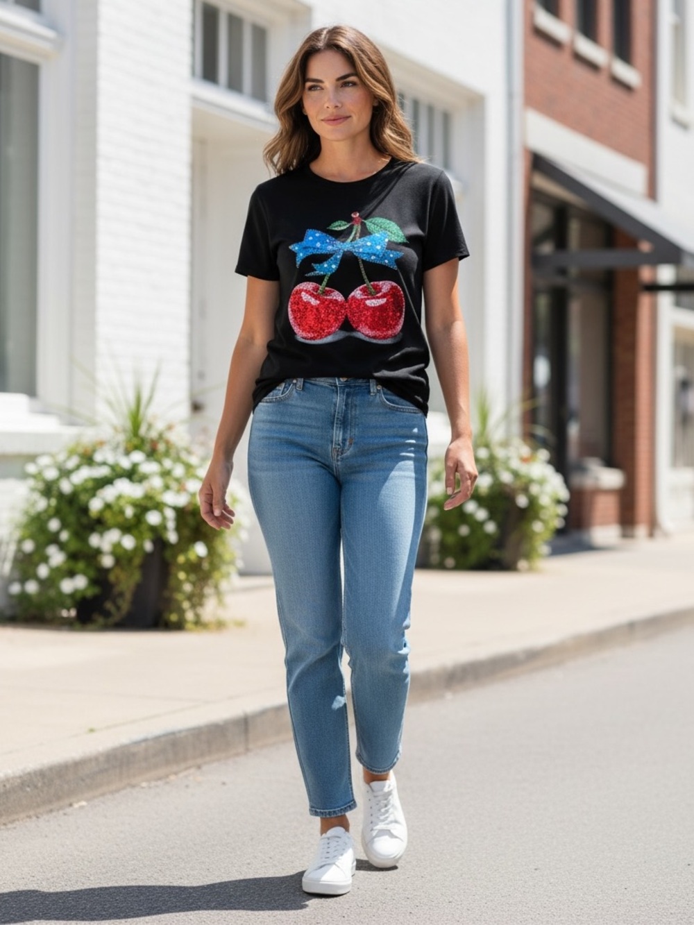 NEW Black Rhinestone Red Cherry Cherries White Stars Bow Patriotic USA T-Shirt